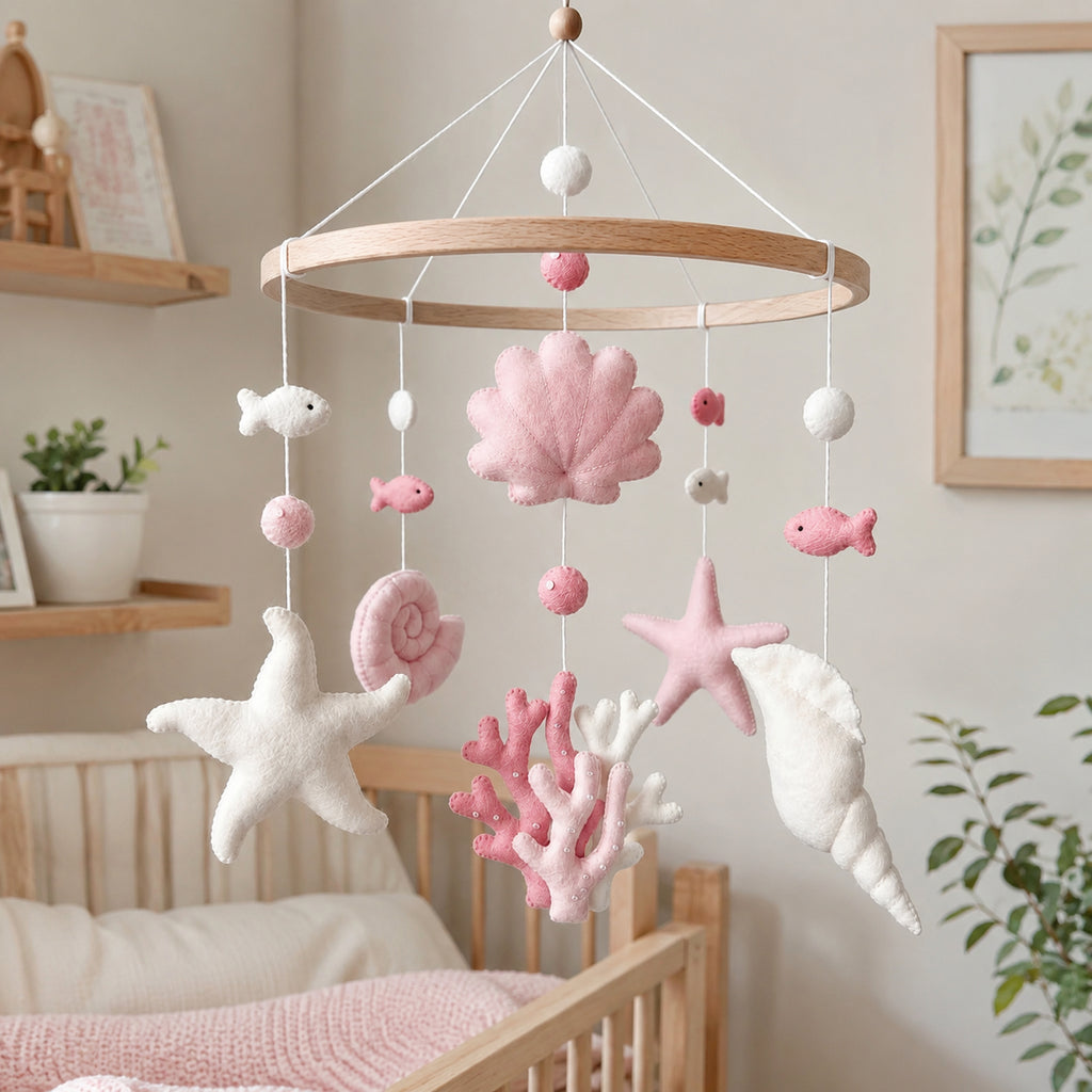 Personalized Ocean Felt Baby Mobile, Custom Name Seashell Nursery Crib Mobile, Starfish, Coral and Fish Baby Room Decor BBMB16