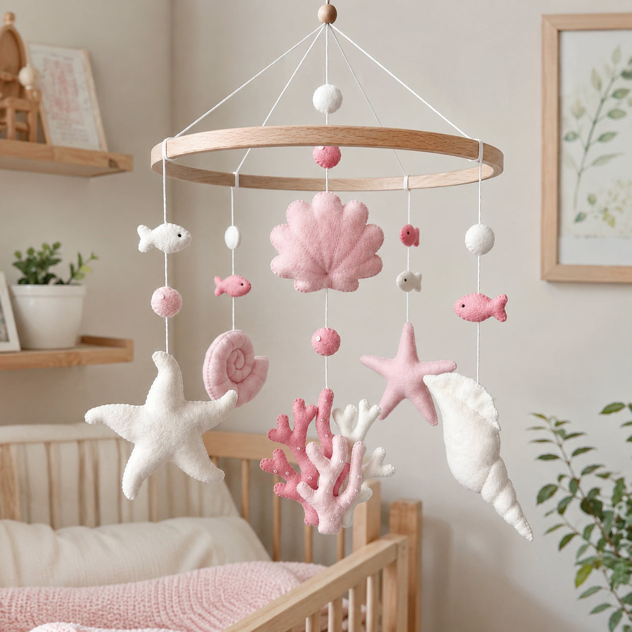 Personalized Ocean Felt Baby Mobile, Custom Name Seashell Nursery Crib Mobile, Starfish, Coral and Fish Baby Room Decor BBMB16