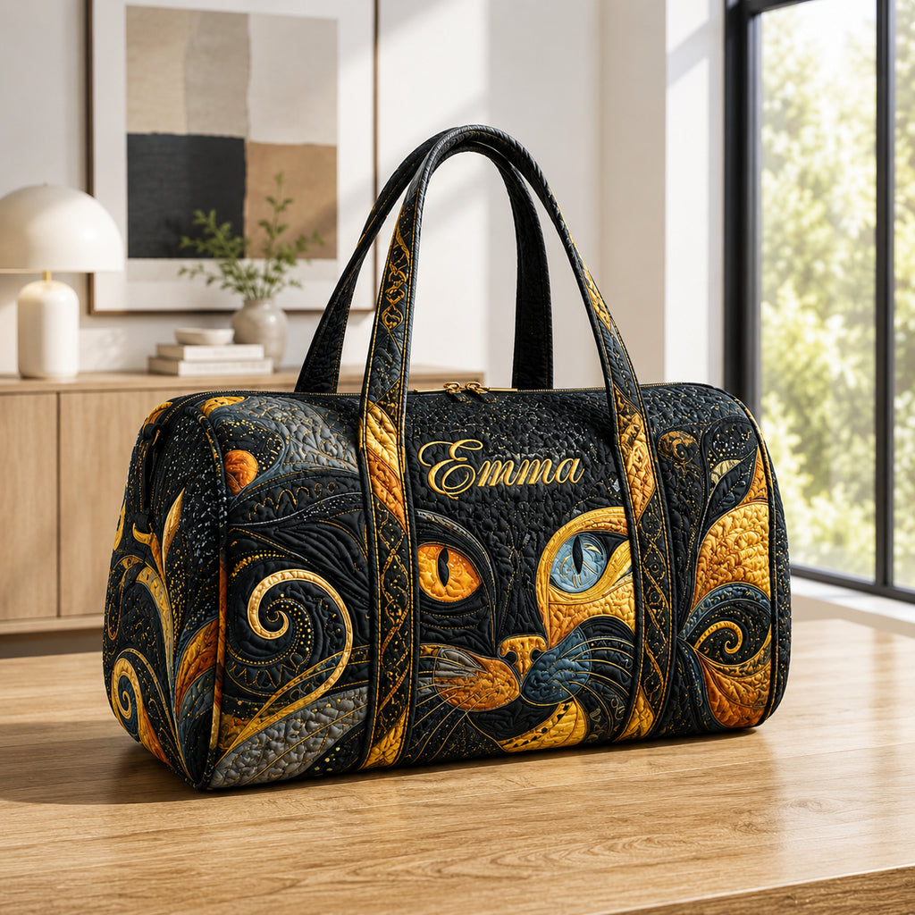 Colorful Cat Quilted Duffle Bag, Black Cat Art Duffle Bag, Overnight Bag, Quilted Travel Bag, Quilted Weekend Bag, Custom Bag Gift DFB13
