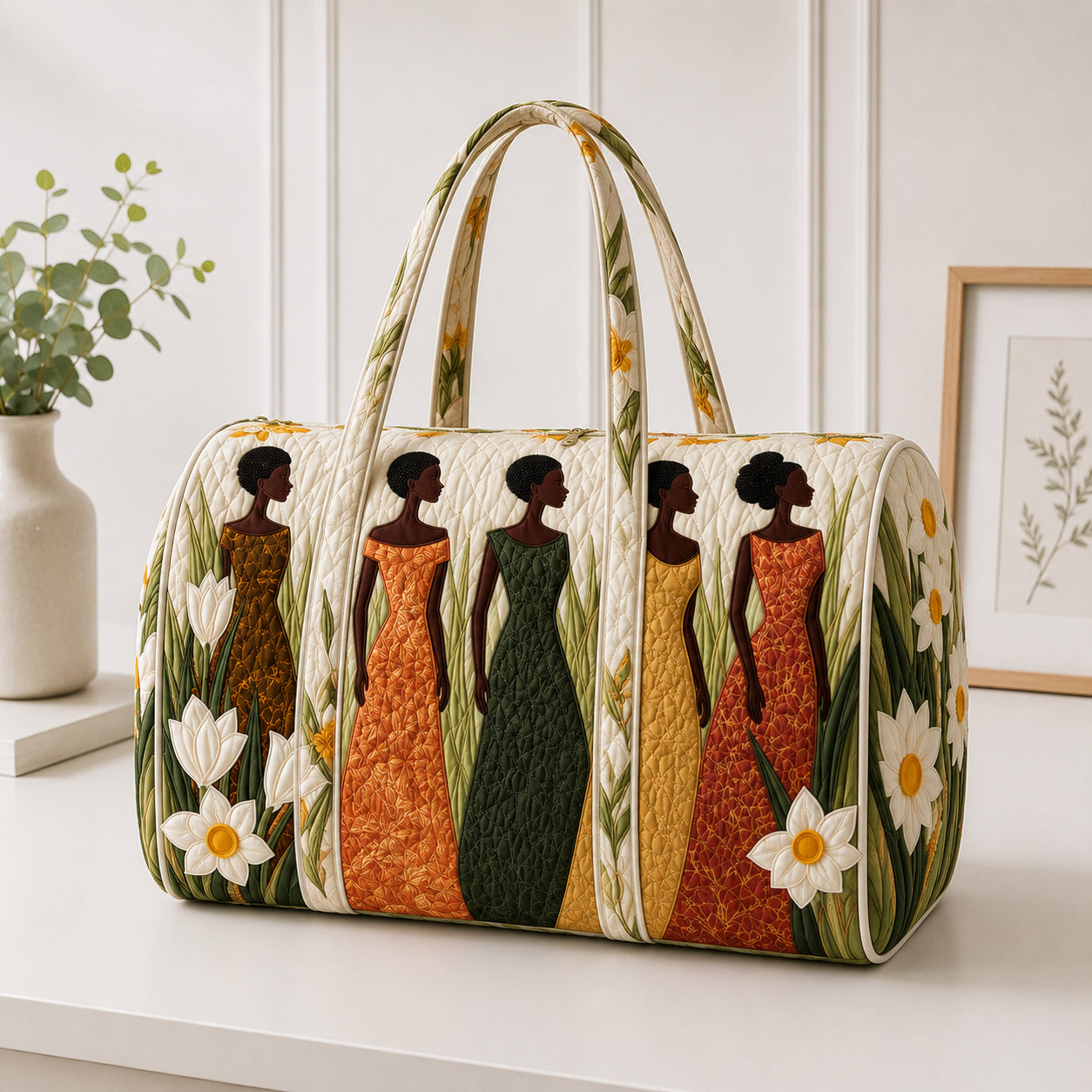 Personalized African Women Quilted Duffle Bag, Black Woman Art Travel Bag, Custom Name Weekender Bag, Overnight Carry On Gift for Her DFB38