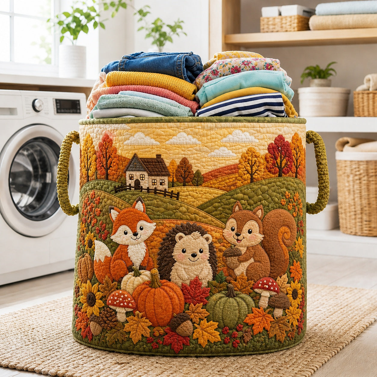 Fall Animal Farm Pattern Quilted Laundry Basket, Fall Pattern Storage Hamper, Custom Name Quilted Basket, Laundry Room Decor, Family Basket, Fabric Clothes Basket QBK84