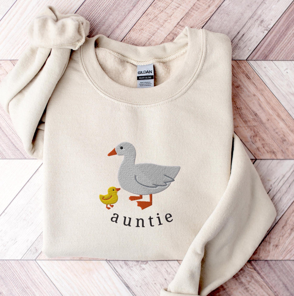 Auntie Embroidered Sweatshirt, Cute Aunt Goose Sweater Crewneck, New Aunt Gift, Baby Reveal Aunt Gifts, Auntie Duck With Baby Chick