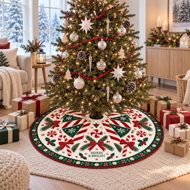 Personalized Candy Cane Quilted Tree Skirt, Patchwork Xmas Tree Skirt, Holiday Decor, Xmas Tree Base Cover, Custom Tree Skirt XMASTS16