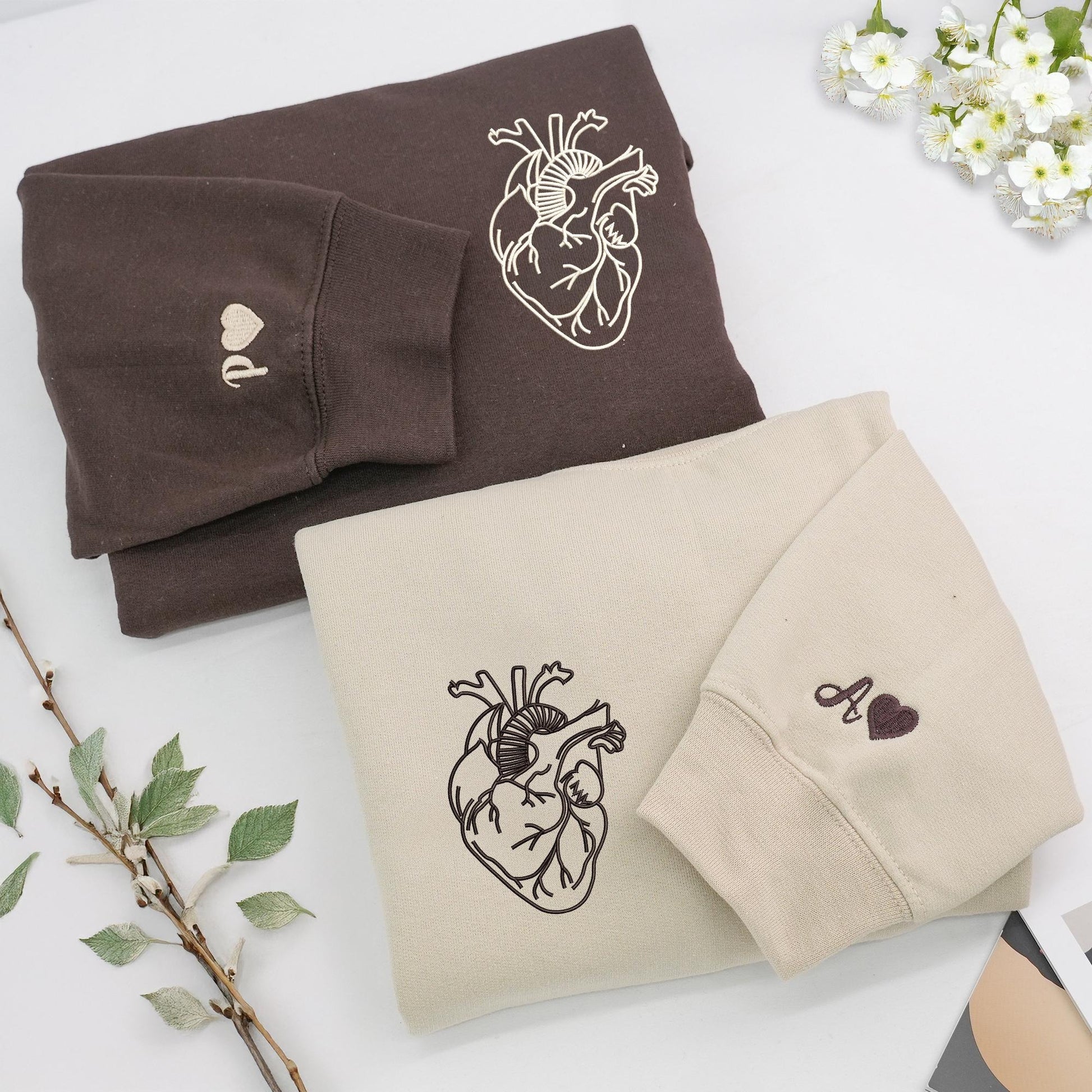 Embroidered Anatomical For Couple, Heart Hoodies Matching Hoodies For Couple, Personalized Initials On Sleeve, Anniversary Gifts For Couples