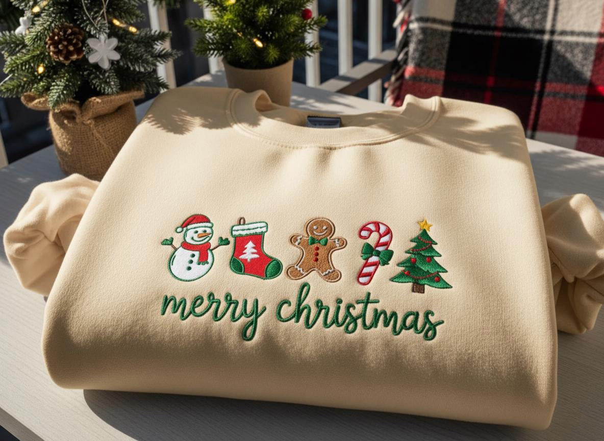Merry Christmas Embroidered Sweatshirt, Gingerbread Candy Cane Tree Sweater, Festive Winter Gift for Women, Xmas Gift