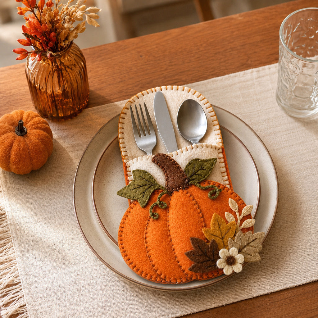 Pumpkin Felt Silverware Holder, Thanksgiving Cutlery Pocket, Rustic Fall Table Decor, Autumn Place Setting FELTCH16