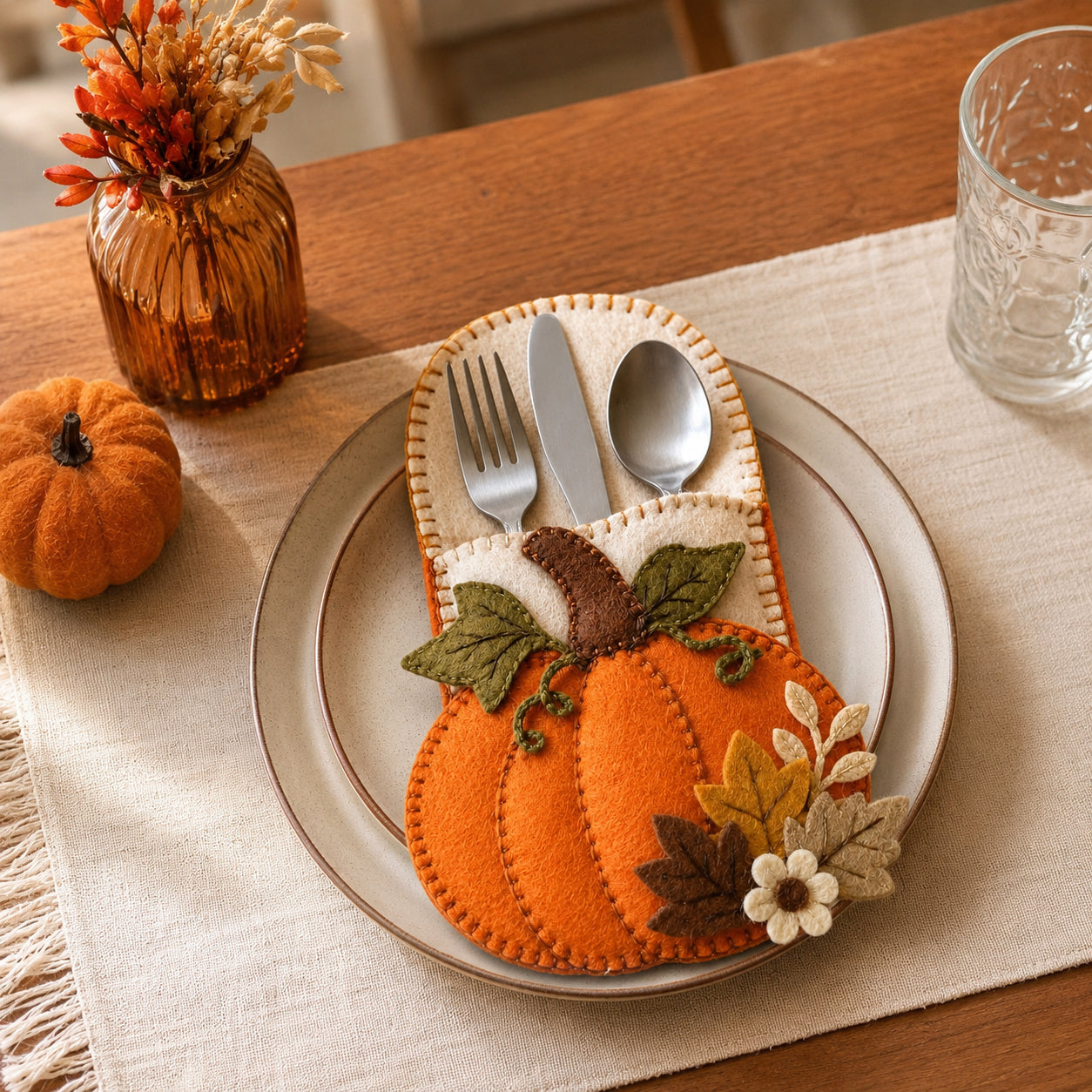 Pumpkin Felt Silverware Holder, Thanksgiving Cutlery Pocket, Rustic Fall Table Decor, Autumn Place Setting FELTCH16
