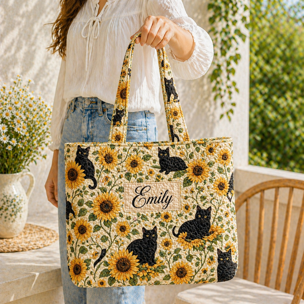 Black Cat Sunflower Quilted Tote Bag, Sunflower Tote Bag, Quilted Shoulder Bag, Quilted Book Bag, Fabric Bag QTOTE71