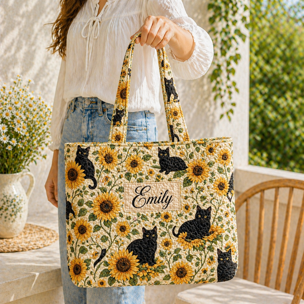 Black Cat Sunflower Quilted Tote Bag, Sunflower Tote Bag, Quilted Shoulder Bag, Quilted Book Bag, Fabric Bag QTOTE71