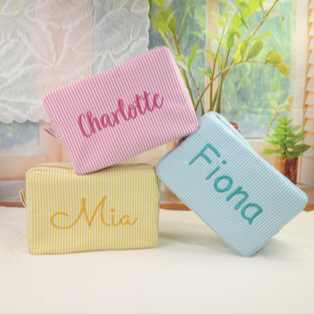 Custom Embroidered Seersucker Toiletry Bag, Personalized Name Travel Pouch, Bridesmaid Gift