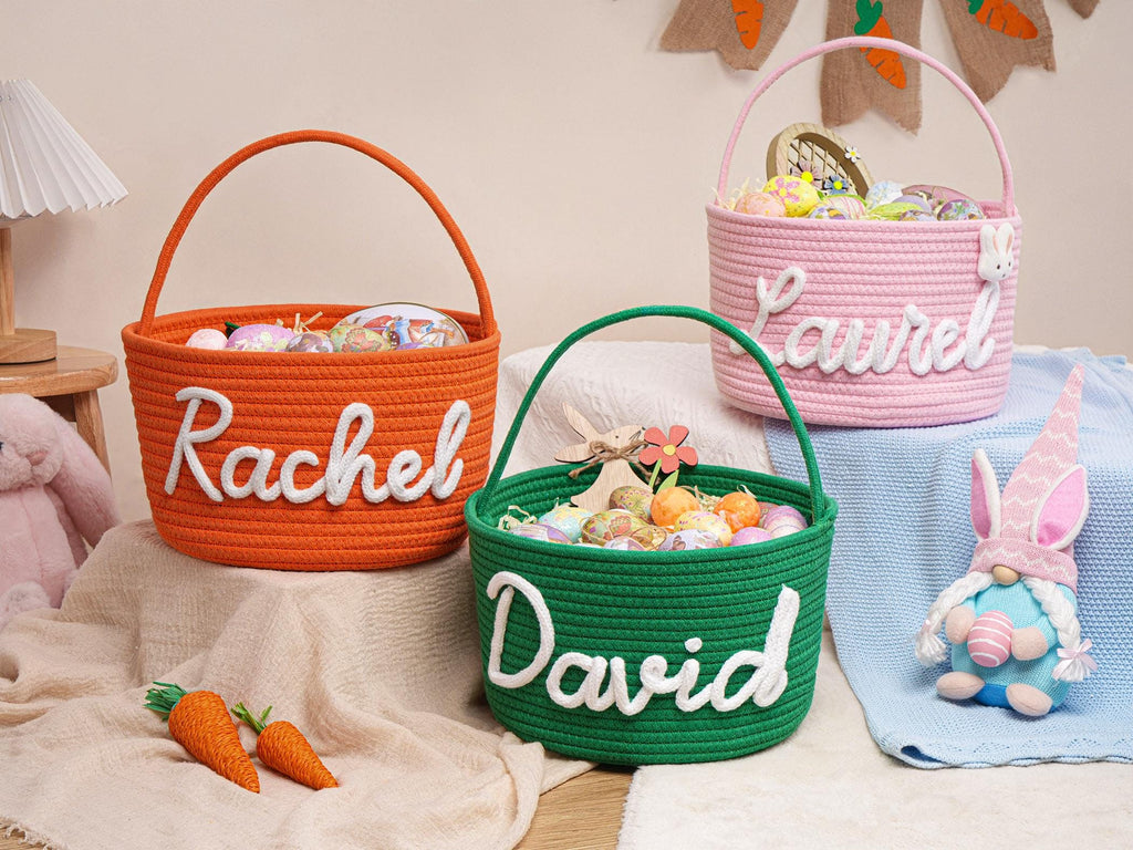 Personalized Easter Basket with Name, Handwoven Rope Basket, Easter Bunny Gift for Kids, Easter Egg Hunt Basket, Baby Shower Gift