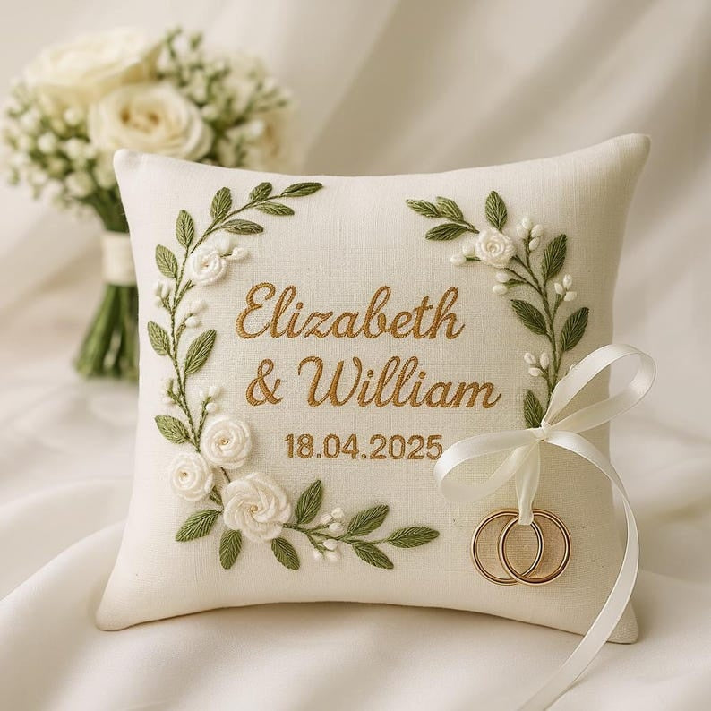 Personalized Embroidered Floral Wedding Ring Bearer Pillow, Custom Wedding Ring Pillow, Wedding Keepsake Gift WPILLOW16
