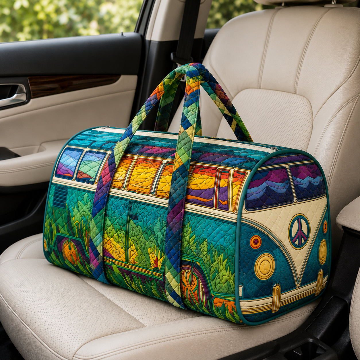 Hippie Van Quilted Travel Bag, Boho Travel Duffel Bag, Custom Camper Van Duffle Bag, Trip Bag QTTVB12
