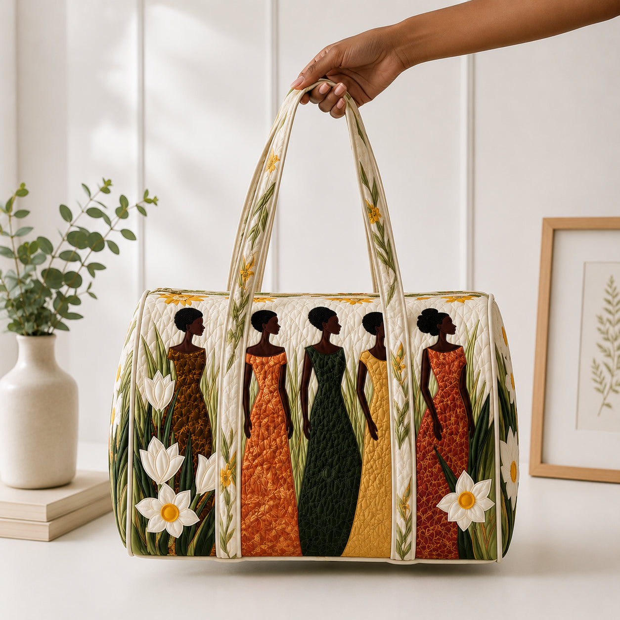Personalized African Women Quilted Duffle Bag, Black Woman Art Travel Bag, Custom Name Weekender Bag, Overnight Carry On Gift for Her DFB38