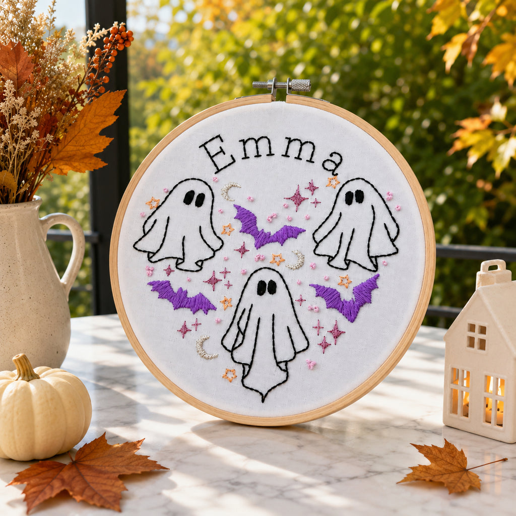 Personalized Ghost hand-Embroidery Hoop Art, Custom Halloween Name Decor, Cute Spooky Wall Hanging, Handmade Fall Embroidery Gift HOOP17
