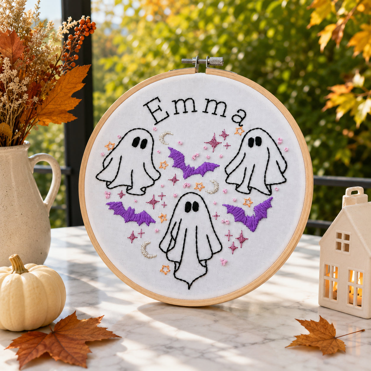 Personalized Ghost hand-Embroidery Hoop Art, Custom Halloween Name Decor, Cute Spooky Wall Hanging, Handmade Fall Embroidery Gift HOOP17