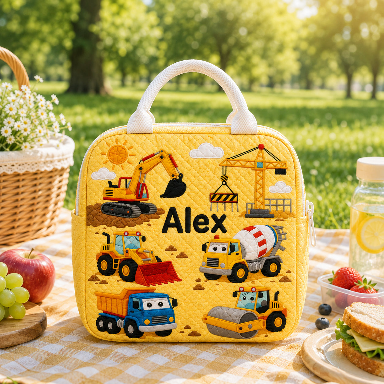 Construction Truck Quilted Lunch Bag, Insulated Quilted Lunch Tote, Excavator & Dump Truck Lunch Bag, Custom Kid Lunch Bag, Back To School Bag, Picnic Bag, Reusable Lunch Tote QLB16