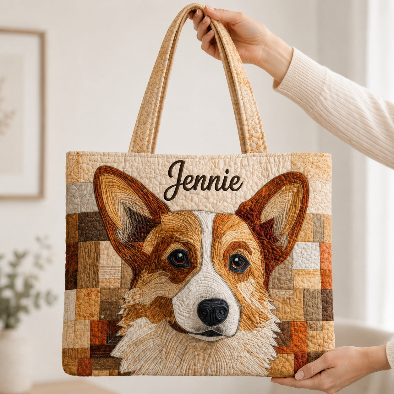 Custom Corgi Art Pattern Quilted Tote Bag, Pet Art Shoulder Bag, Pet Art Tote, Fabric Tote Bag, Gift Bag QTOTE40