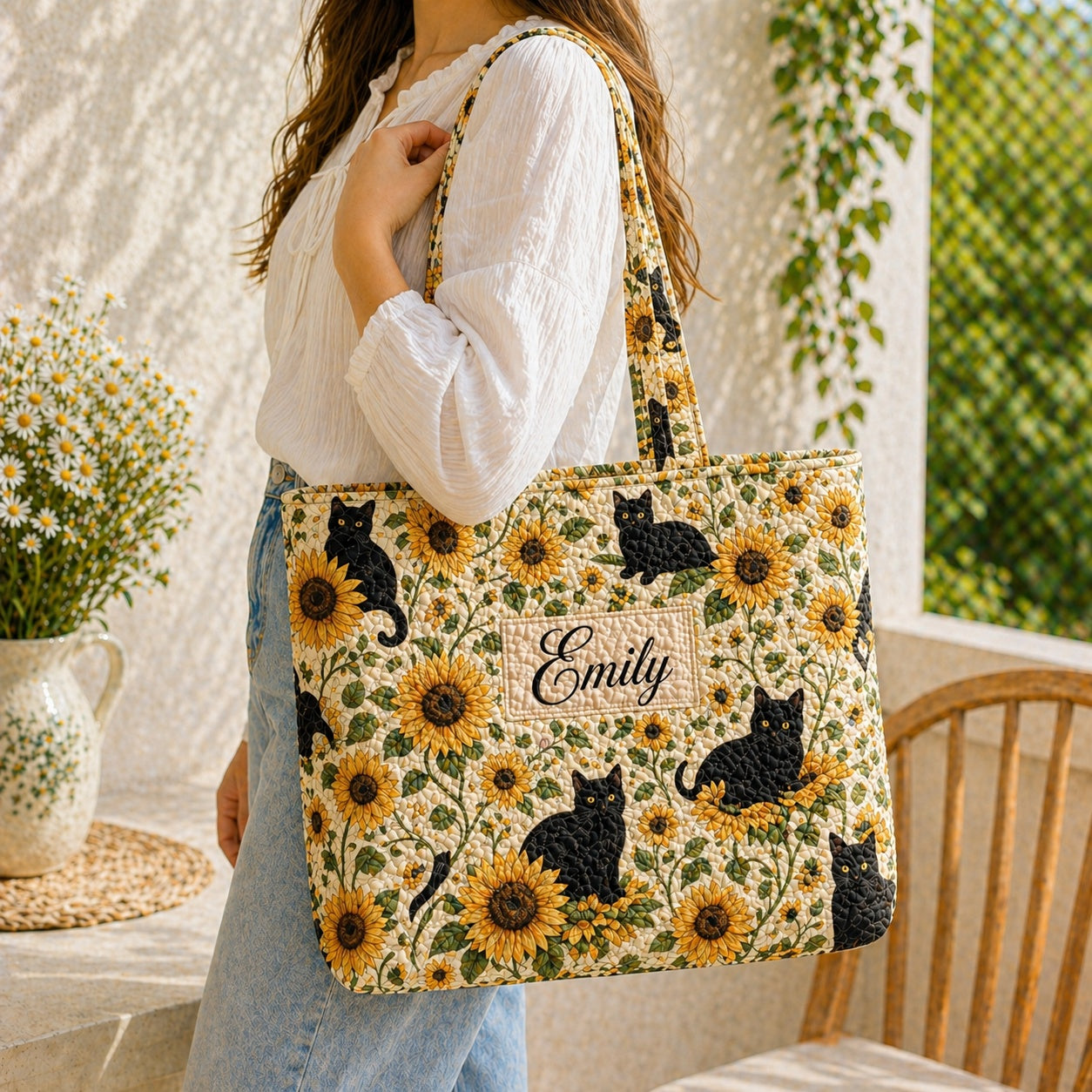 Black Cat Sunflower Quilted Tote Bag, Sunflower Tote Bag, Quilted Shoulder Bag, Quilted Book Bag, Fabric Bag QTOTE71