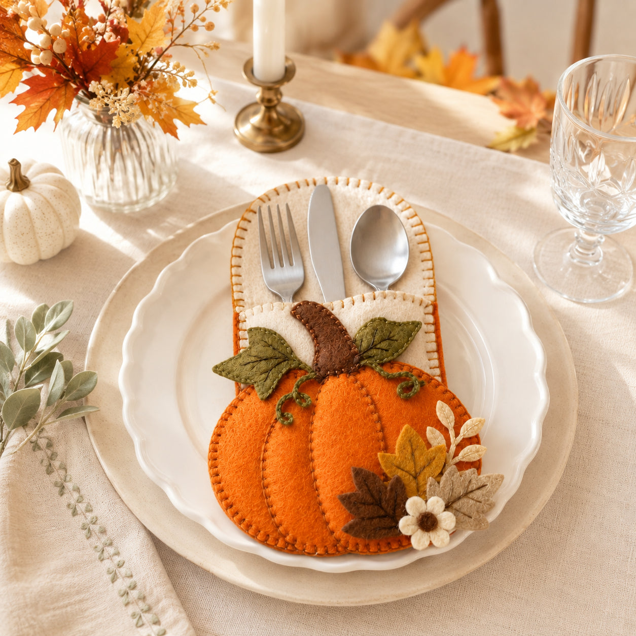 Pumpkin Felt Silverware Holder, Thanksgiving Cutlery Pocket, Rustic Fall Table Decor, Autumn Place Setting FELTCH16
