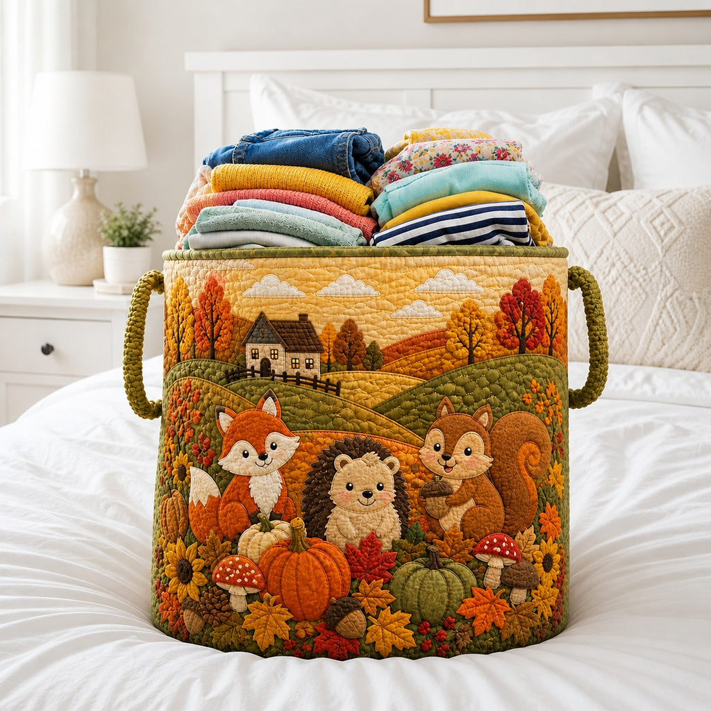 Fall Animal Farm Pattern Quilted Laundry Basket, Fall Pattern Storage Hamper, Custom Name Quilted Basket, Laundry Room Decor, Family Basket, Fabric Clothes Basket QBK84