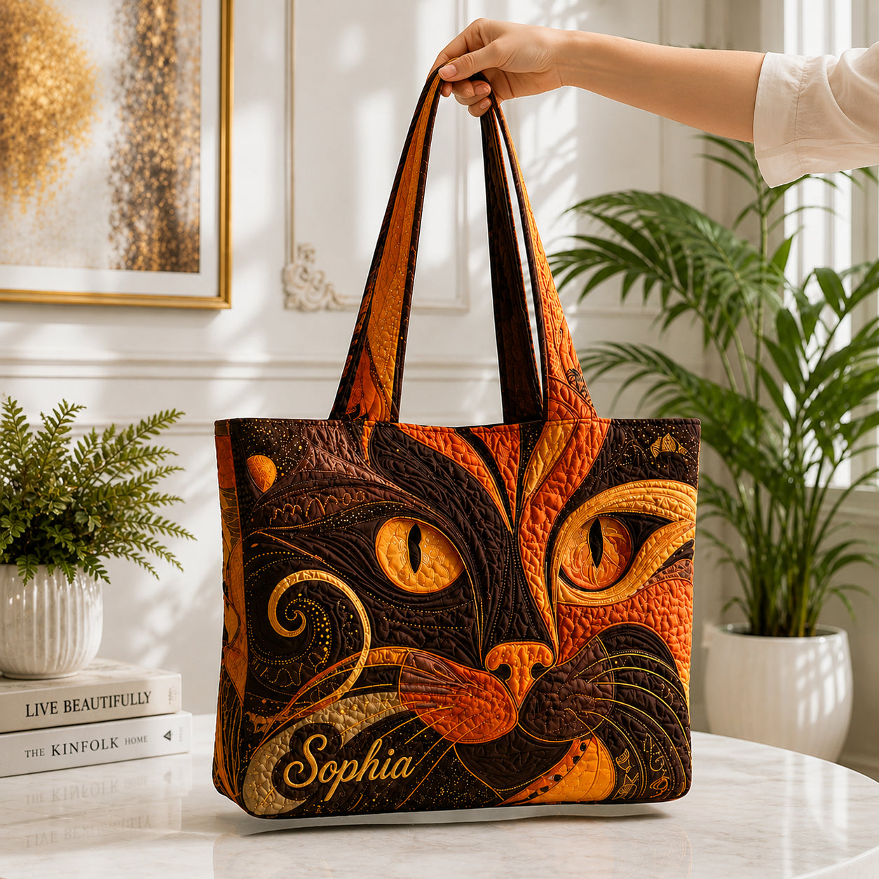 Cat Art Quilted Tote Bag, Cat Tote Bag, Quilted Shoulder Bag, Quilted Book Bag, Fabric Bag QTOTE67