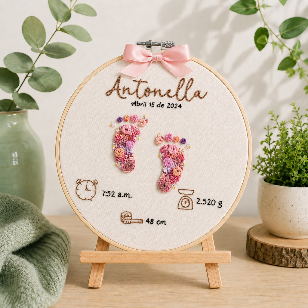 Personalized Baby Birth Stats Embroidery Hoop, Hand Embroidered Floral Baby Footprints, Custom Newborn Keepsake, Nursery Wall Art, Baby Gift EM14