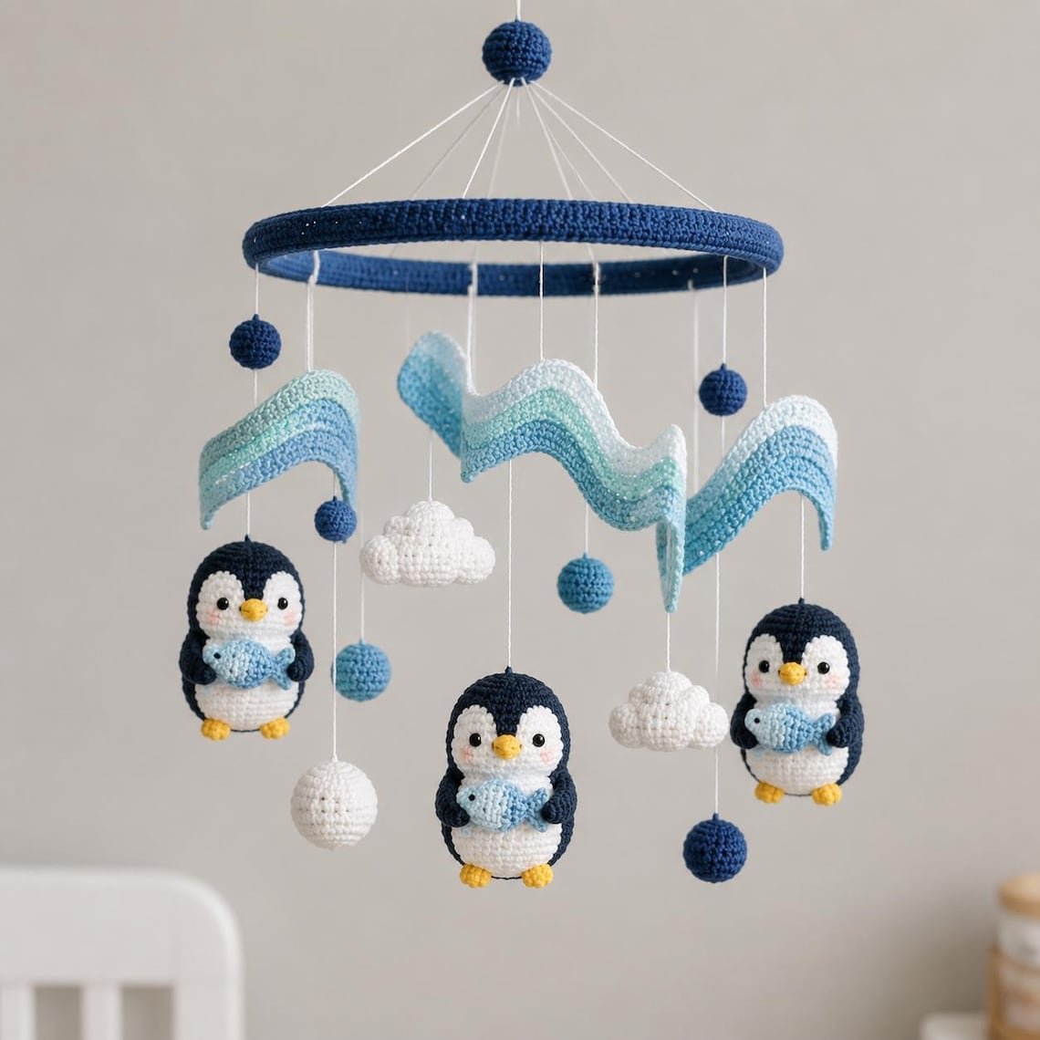 Penguin Ocean Baby Crib Mobile, Handmade Crochet Penguin Mobile, Wave Fish Nursery Decor, Blue Baby Crib Mobile, Baby Shower Gift CrochetBBM14