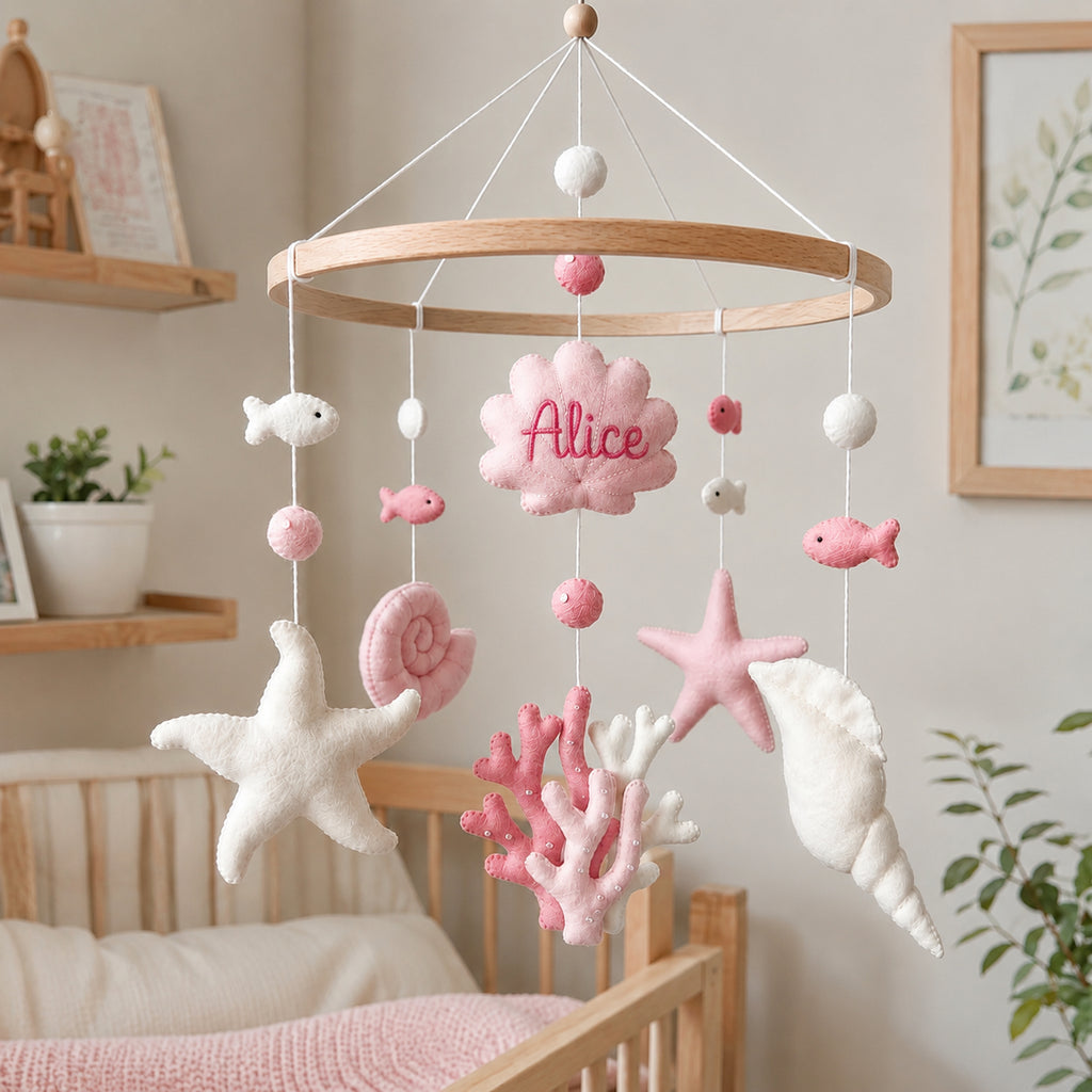 Personalized Ocean Felt Baby Mobile, Custom Name Seashell Nursery Crib Mobile, Starfish, Coral and Fish Baby Room Decor BBMB16