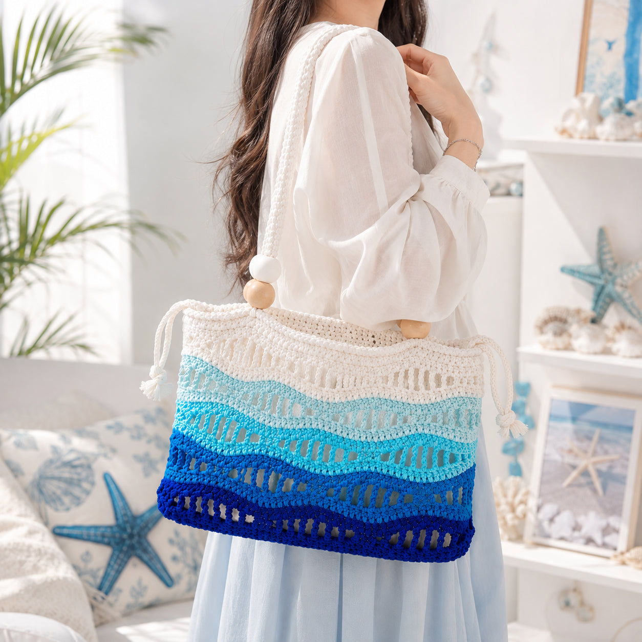 Crochet Beach Tote Bag, Blue Ombre Shoulder Bag, Beach Bag, Handmade Coastal Summer Purse Crochet09