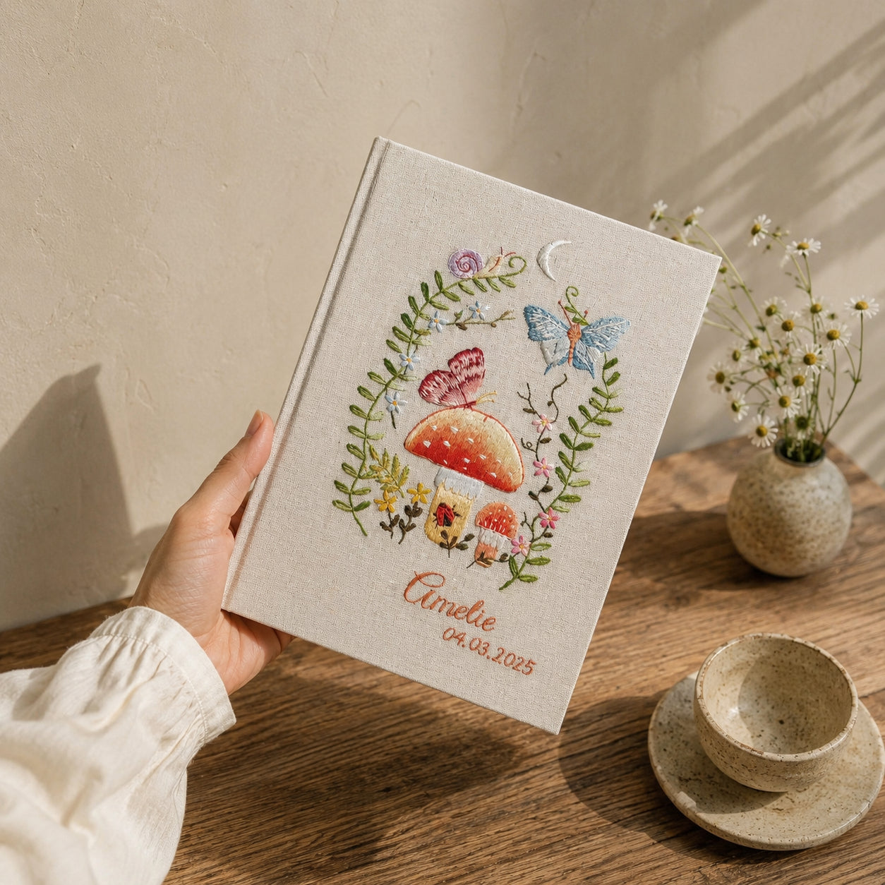 Personalized Hand Embroidered Mushroom Journal, Custom Floral Notebook, Woodland Butterfly Diary, Linen Fabric Hard Cover Notebook, Special Custom Handmade Gift and Keepsakes ENB11