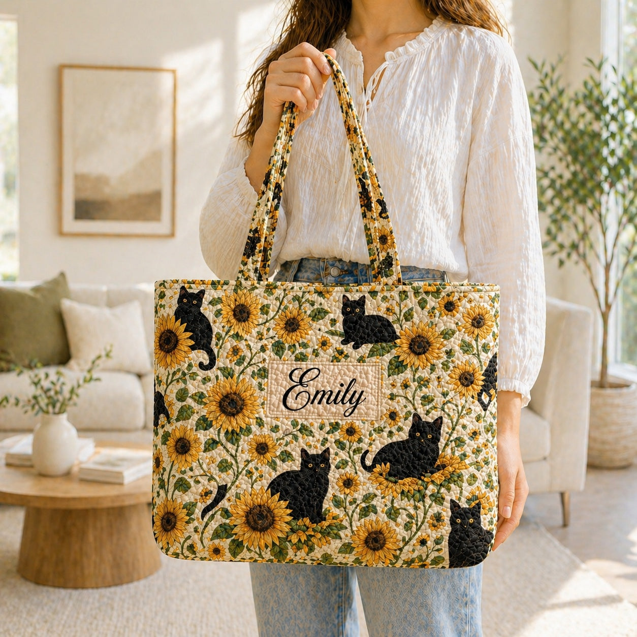 Black Cat Sunflower Quilted Tote Bag, Sunflower Tote Bag, Quilted Shoulder Bag, Quilted Book Bag, Fabric Bag QTOTE71
