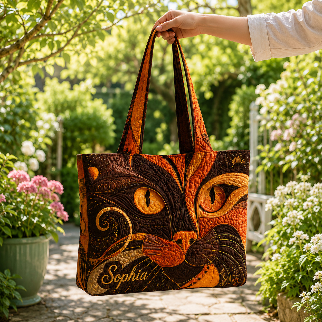Cat Art Quilted Tote Bag, Cat Tote Bag, Quilted Shoulder Bag, Quilted Book Bag, Fabric Bag QTOTE67