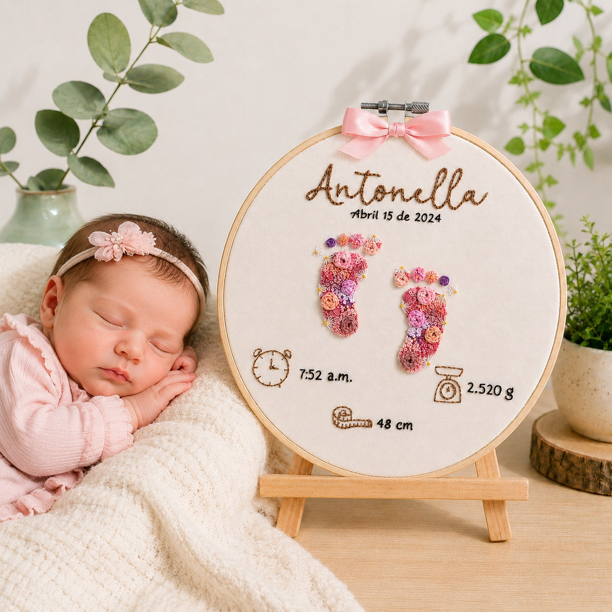 Personalized Baby Birth Stats Embroidery Hoop, Hand Embroidered Floral Baby Footprints, Custom Newborn Keepsake, Nursery Wall Art, Baby Gift EM14
