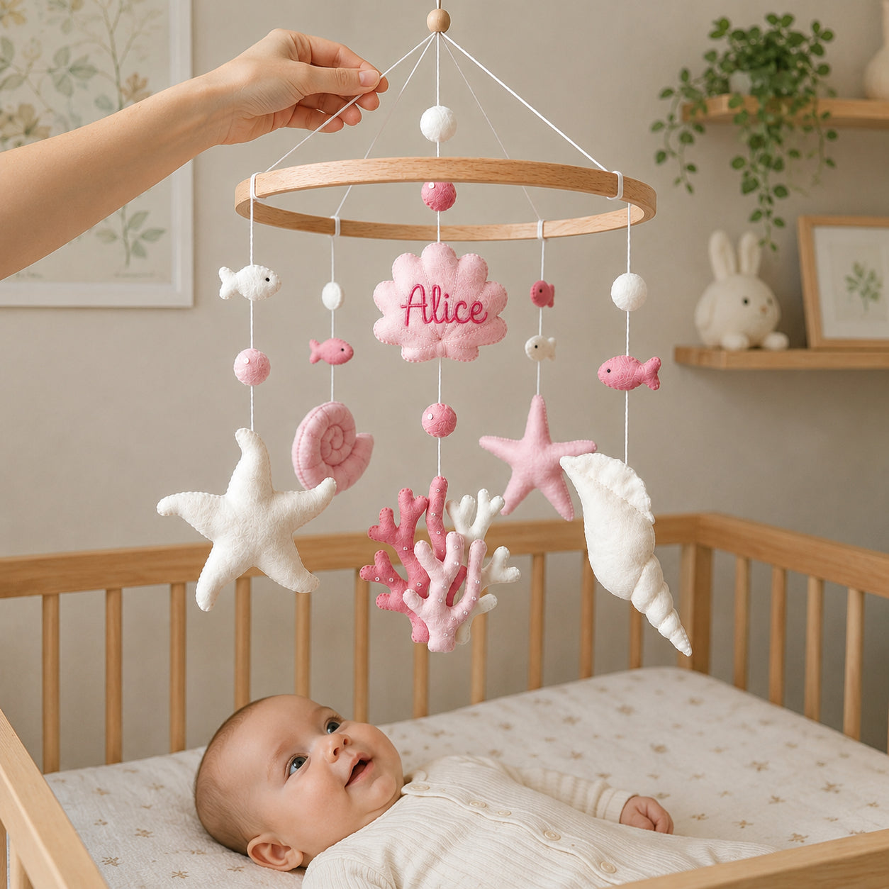 Personalized Ocean Felt Baby Mobile, Custom Name Seashell Nursery Crib Mobile, Starfish, Coral and Fish Baby Room Decor BBMB16