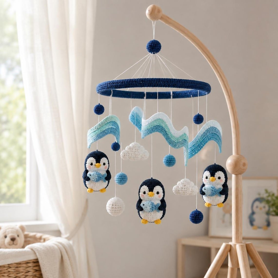 Penguin Ocean Baby Crib Mobile, Handmade Crochet Penguin Mobile, Wave Fish Nursery Decor, Blue Baby Crib Mobile, Baby Shower Gift CrochetBBM14