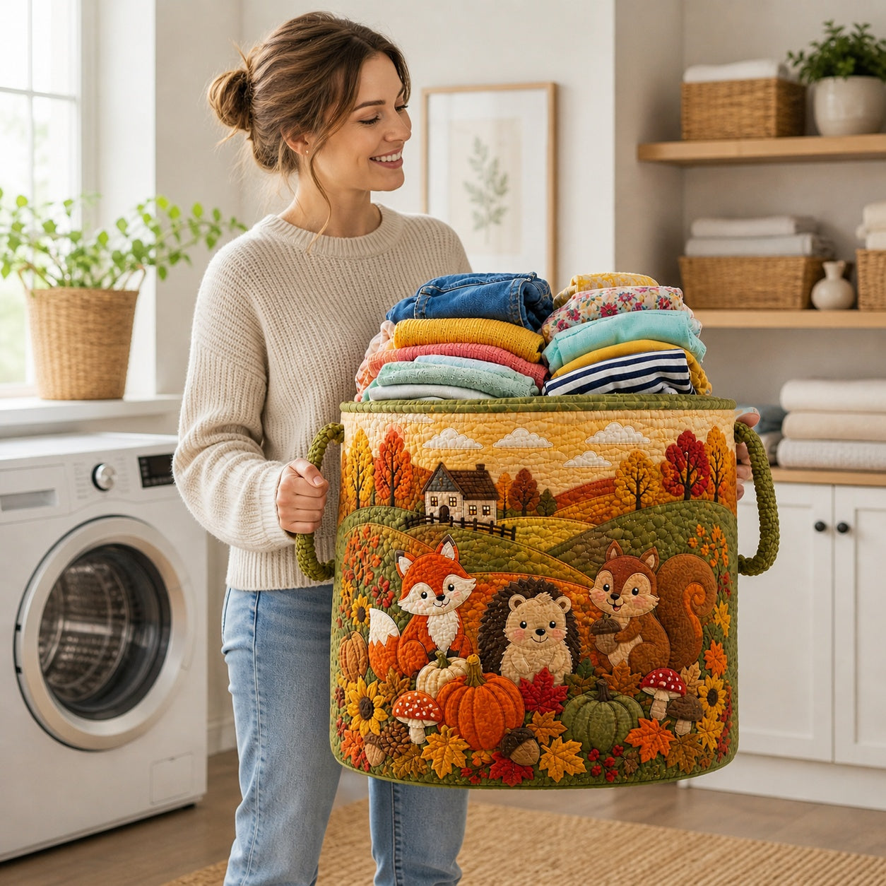 Fall Animal Farm Pattern Quilted Laundry Basket, Fall Pattern Storage Hamper, Custom Name Quilted Basket, Laundry Room Decor, Family Basket, Fabric Clothes Basket QBK84