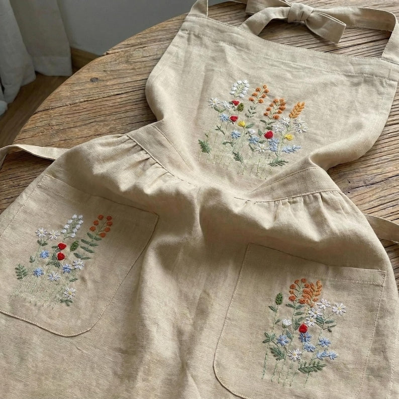 Custom Flowers Hand Embroidered Apron, Handmade Floral Apron With Pocket, Embroidered Apron, Linen Apron, Gardening Apron, Kitchen Apron, Mom Gift EMAP17
