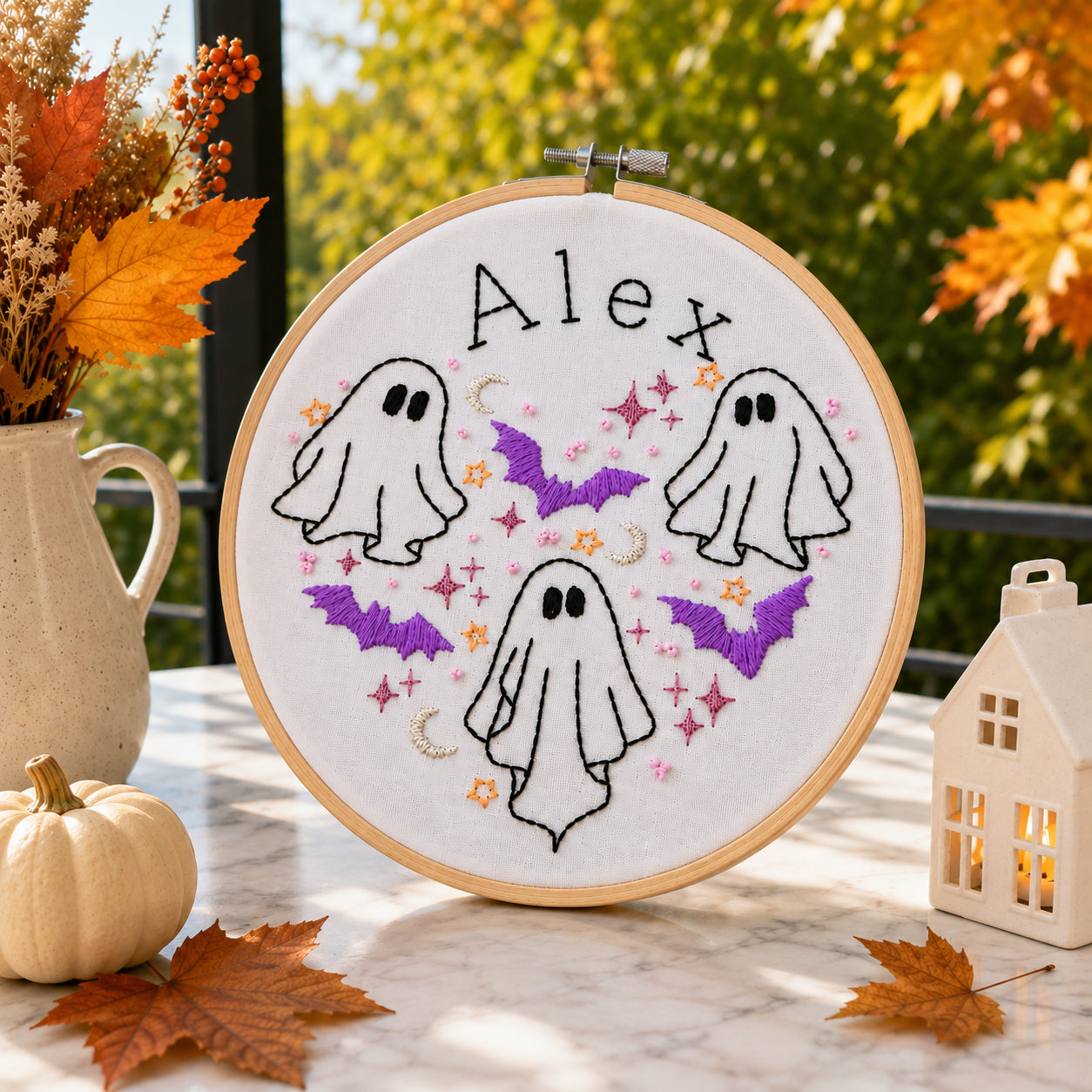 Personalized Ghost hand-Embroidery Hoop Art, Custom Halloween Name Decor, Cute Spooky Wall Hanging, Handmade Fall Embroidery Gift HOOP17