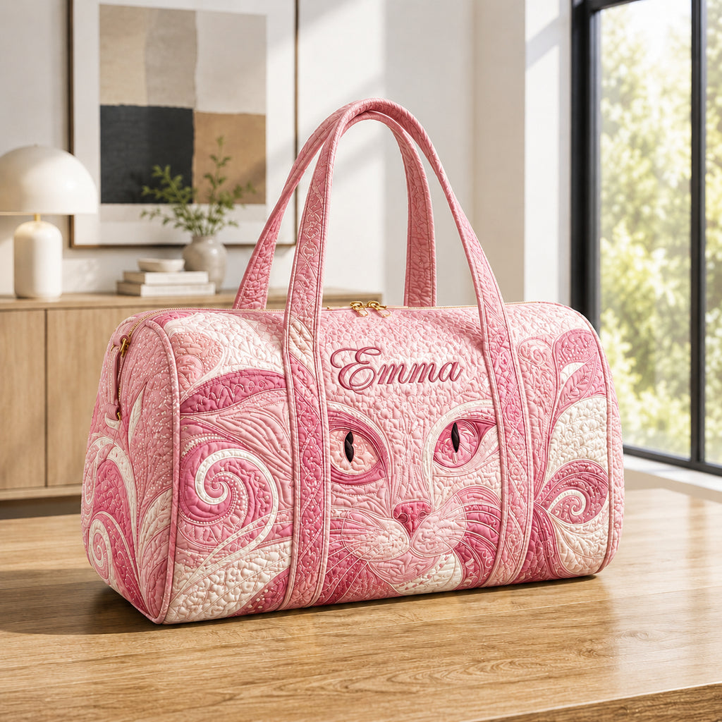 Colorful Cat Quilted Duffle Bag, Black Cat Art Duffle Bag, Overnight Bag, Quilted Travel Bag, Quilted Weekend Bag, Custom Bag Gift DFB13