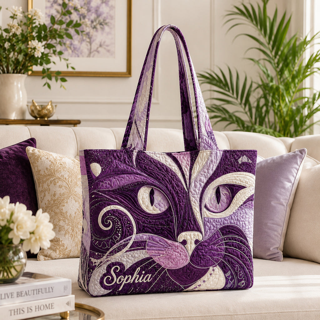 Cat Art Quilted Tote Bag, Cat Tote Bag, Quilted Shoulder Bag, Quilted Book Bag, Fabric Bag QTOTE67
