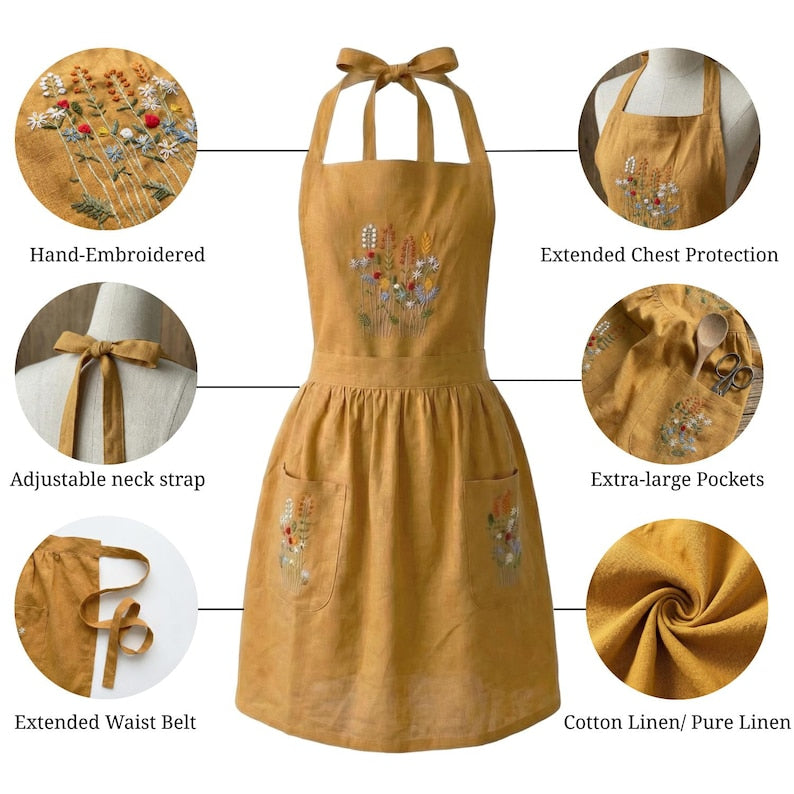 Custom Flowers Hand Embroidered Apron, Handmade Floral Apron With Pocket, Embroidered Apron, Linen Apron, Gardening Apron, Kitchen Apron, Mom Gift EMAP17