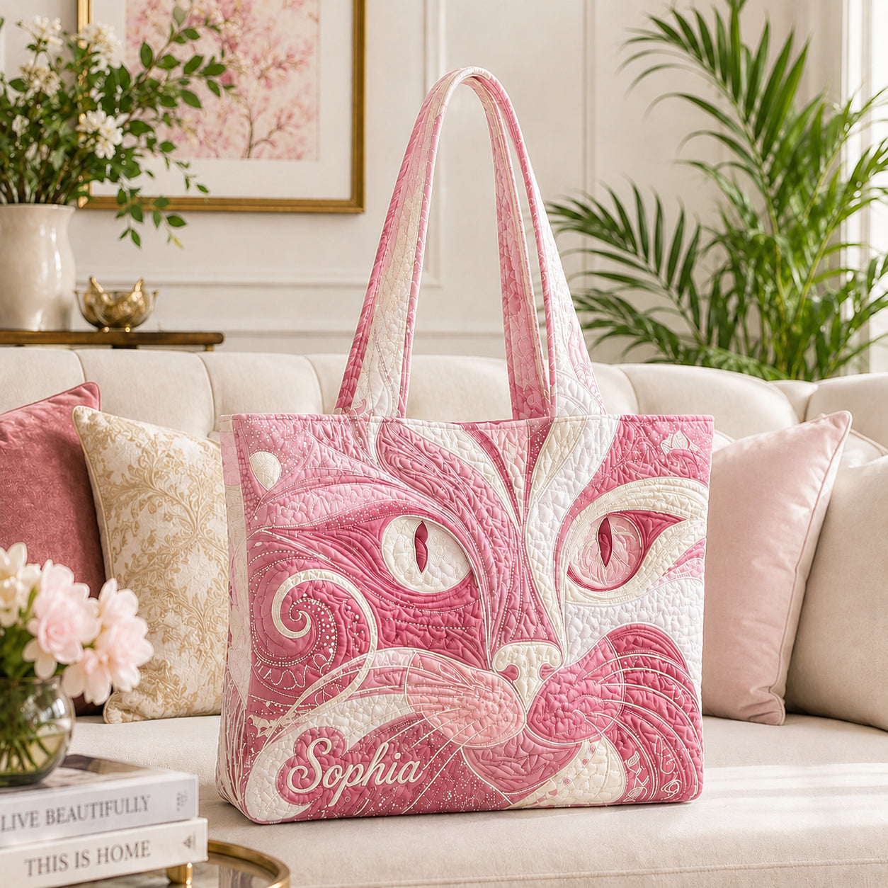Cat Art Quilted Tote Bag, Cat Tote Bag, Quilted Shoulder Bag, Quilted Book Bag, Fabric Bag QTOTE67