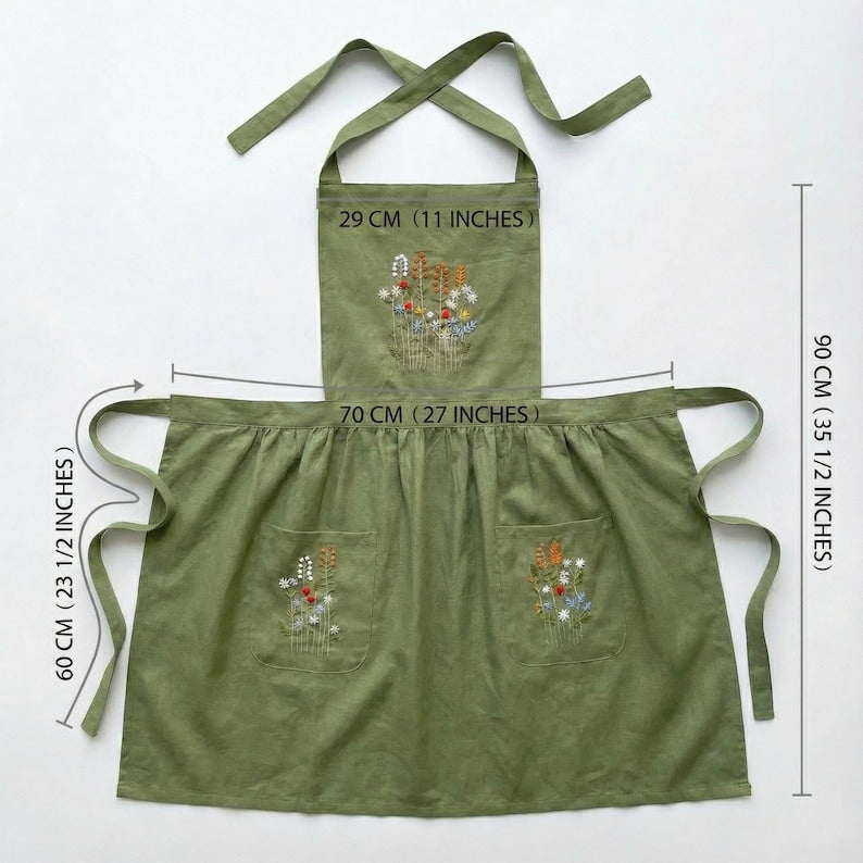 Custom Flowers Hand Embroidered Apron, Handmade Floral Apron With Pocket, Embroidered Apron, Linen Apron, Gardening Apron, Kitchen Apron, Mom Gift EMAP17