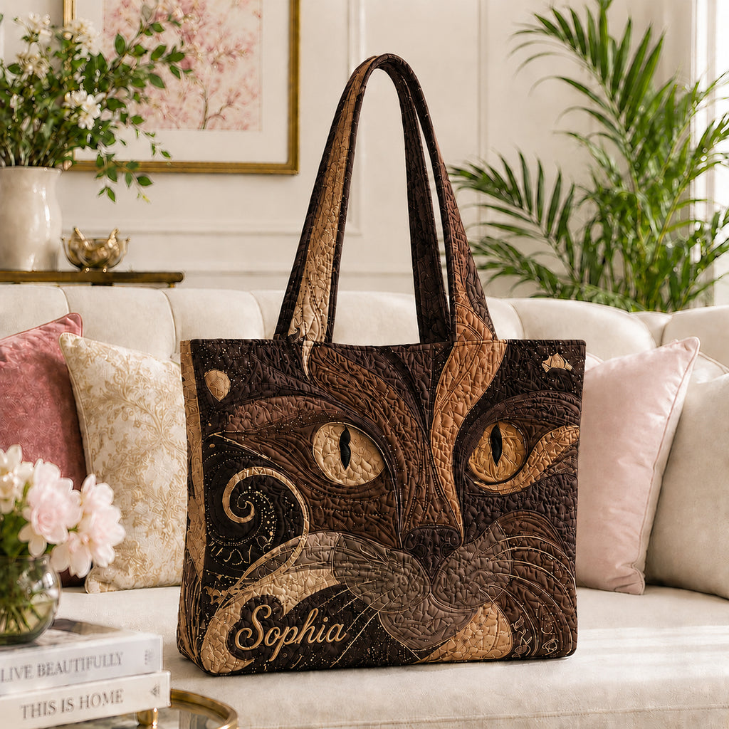 Cat Art Quilted Tote Bag, Cat Tote Bag, Quilted Shoulder Bag, Quilted Book Bag, Fabric Bag QTOTE67