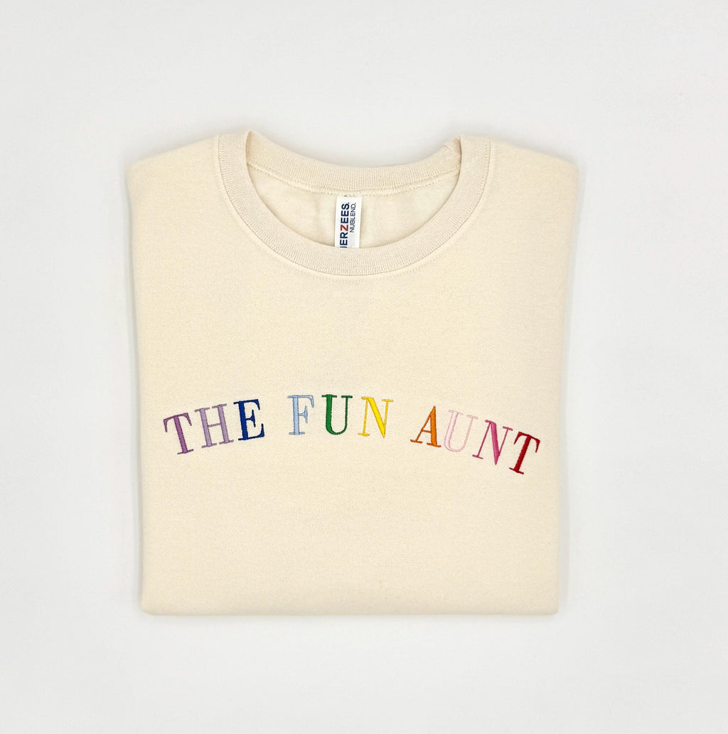 The Fun Aunt Embroidered Sweatshirt, Rainbow Letter Pullover, Auntie Gift, Cozy Crewneck Sweater, Personalized Gift Idea