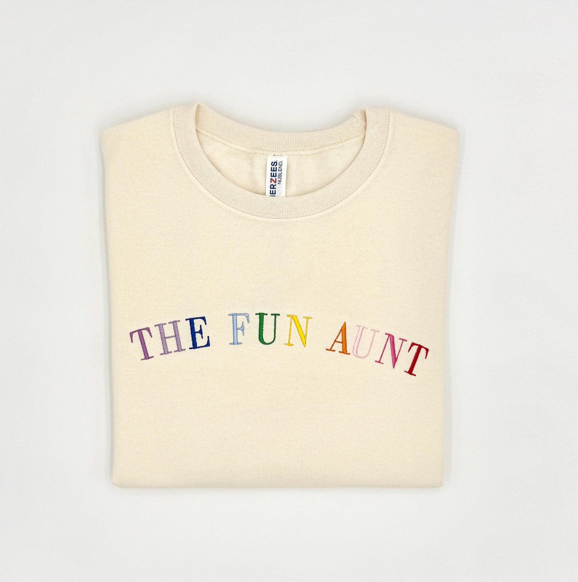 The Fun Aunt Embroidered Sweatshirt, Rainbow Letter Pullover, Auntie Gift, Cozy Crewneck Sweater, Personalized Gift Idea