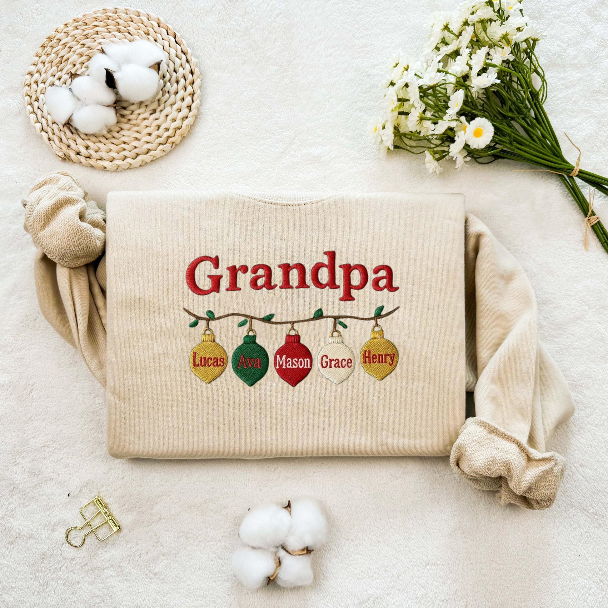 Embroidered Grandpa Christmas Sweatshirt, Personalized Grandkids Name Ornament Sweater, Custom Granddad Xmas Gift, Family Holiday Jumper