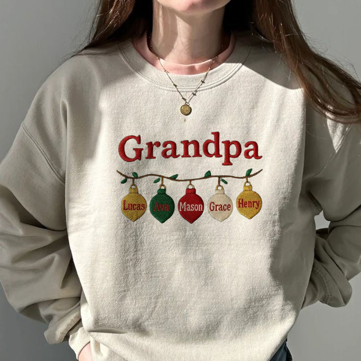 Embroidered Grandpa Christmas Sweatshirt, Personalized Grandkids Name Ornament Sweater, Custom Granddad Xmas Gift, Family Holiday Jumper