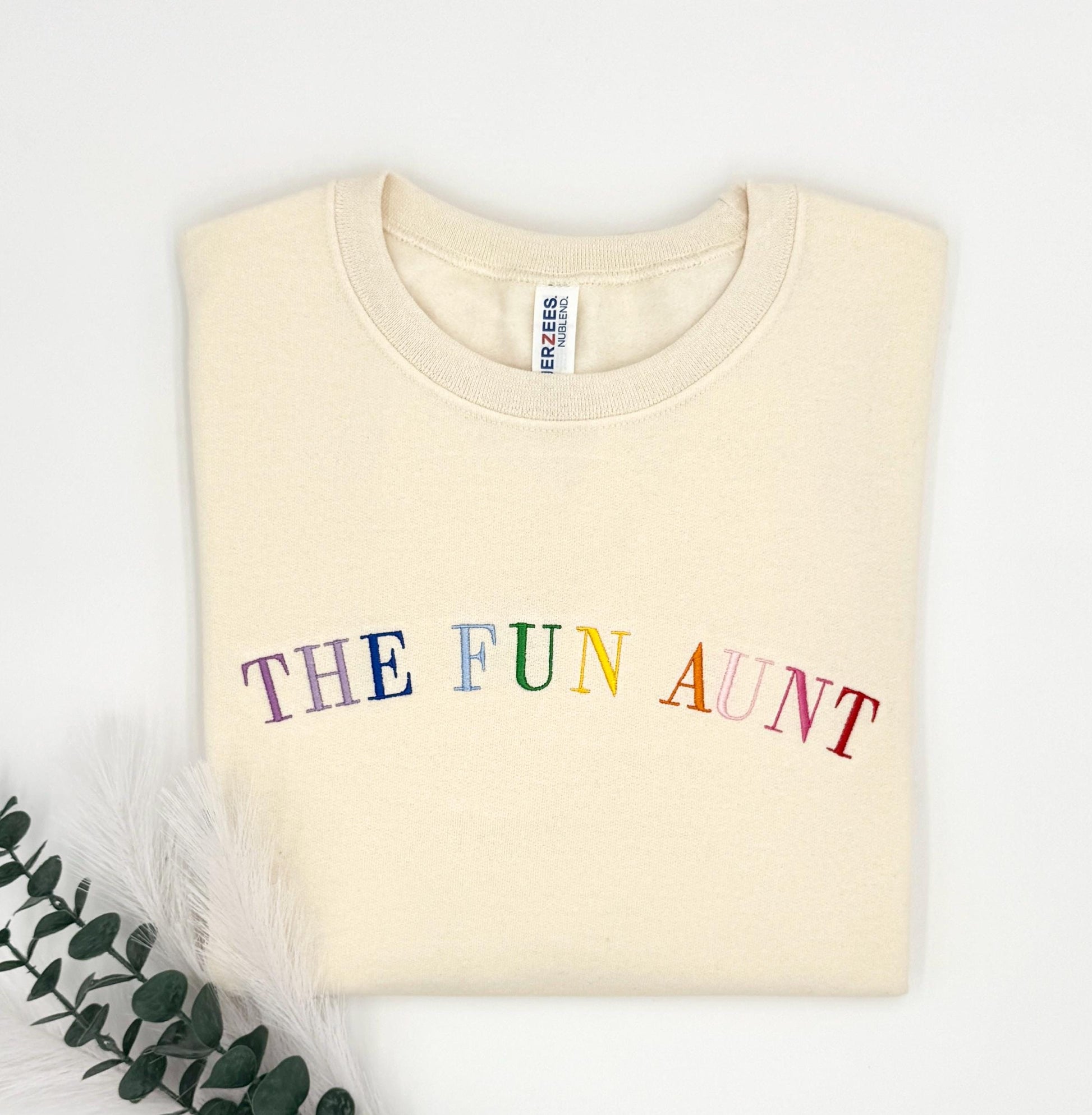 The Fun Aunt Embroidered Sweatshirt, Rainbow Letter Pullover, Auntie Gift, Cozy Crewneck Sweater, Personalized Gift Idea
